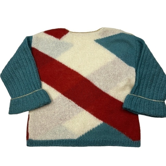 Boxy Geometric Print Fuzzy Mohair Blend Sweater Gold Trim Vintage Handmade - Picture 4 of 8